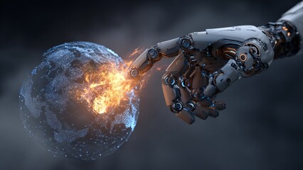 An AI robot hand protecting a global network visualization by neutralizing a cyber threat. Artificial intelligence and cybersecurity guardian concept.