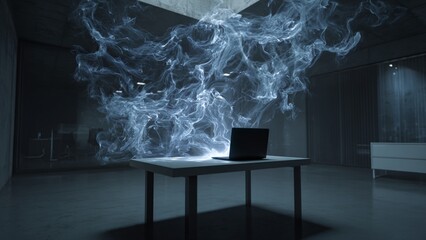 Invisible digital ghost made of glitching pixels trying to access a laptop port in a modern office. Cyber security threat and malware concept.