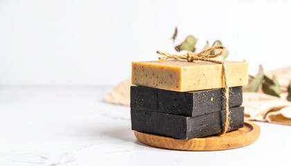 Stacked Artisan Soaps: A captivating arrangement of handcrafted soaps, meticulously stacked and artfully presented, evoking a sense of natural elegance and mindful self-care.