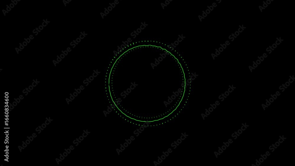 Poster abstract green circular form with pulsating lines and dots on a black background. represents audio e