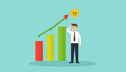 Obraz premium Businessman standing next to colorful bar chart with an upward arrow and sad sun symbol representing growth challenges or financial concerns in a modern flat style