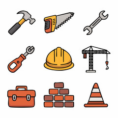 A collection of construction tools and equipment, including a hammer, saw, wrench, hard hat, crane, toolbox, bricks, and a traffic cone.