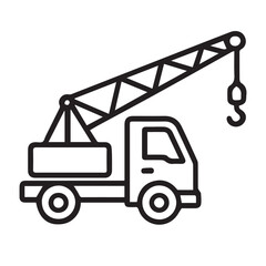 Vector icon minimalist illustration of a lifting truck, monochrome black and white palette, bold black outline, simple industrial concept, clean construction equipment design.