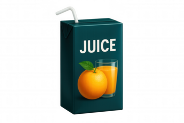 Carton of refreshing orange juice with drinking straw, glass and orange fruit, isolated on transparent background