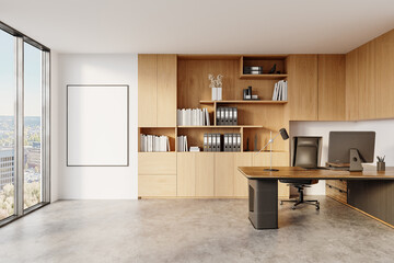 Contemporary Office with Large Wooden Cabinets and Blank Wall Frame for Artwork Mockup
