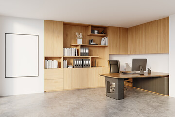 Stylish Executive Office Interior with Wooden Shelves and Blank Frame on Wall
