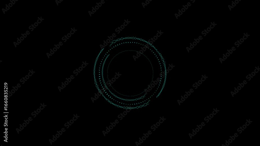 Poster abstract blue circular form with pulsating lines and dots on a black background. represents audio eq