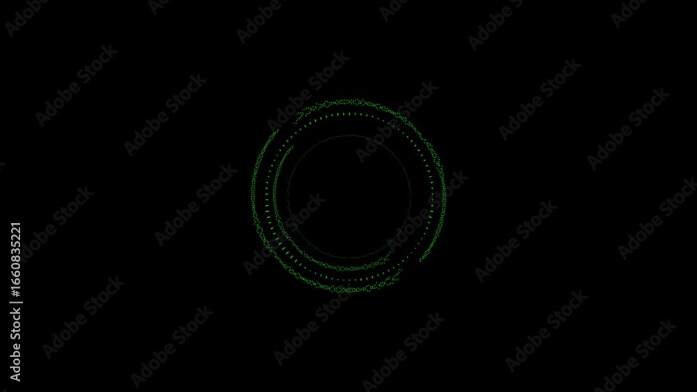 Poster abstract green circular form with pulsating lines and dots on a black background. represents audio e