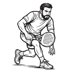 Vector illustration of a man actively playing padel, monochrome black and white theme, bold black outline, dynamic sporting pose, minimalist artistic design.