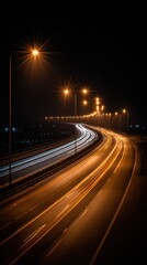 Premium Long-Exposure Empty Highway Bridge at Night with Golden Streetlamps Modern Cinematic Style for Professional Marketing and Social Media Content