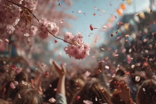 Cherry blossoms shower a joyful crowd celebrating spring's arrival outdoors