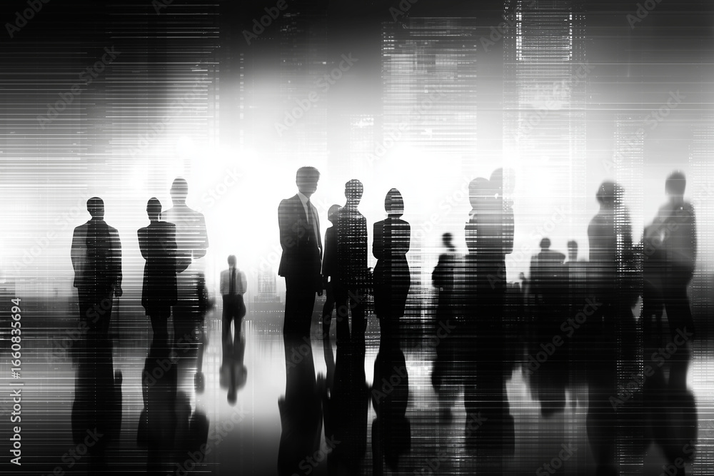 Poster silhouettes of people in business attire create dynamic urban scene, symbolizing collaboration and n
