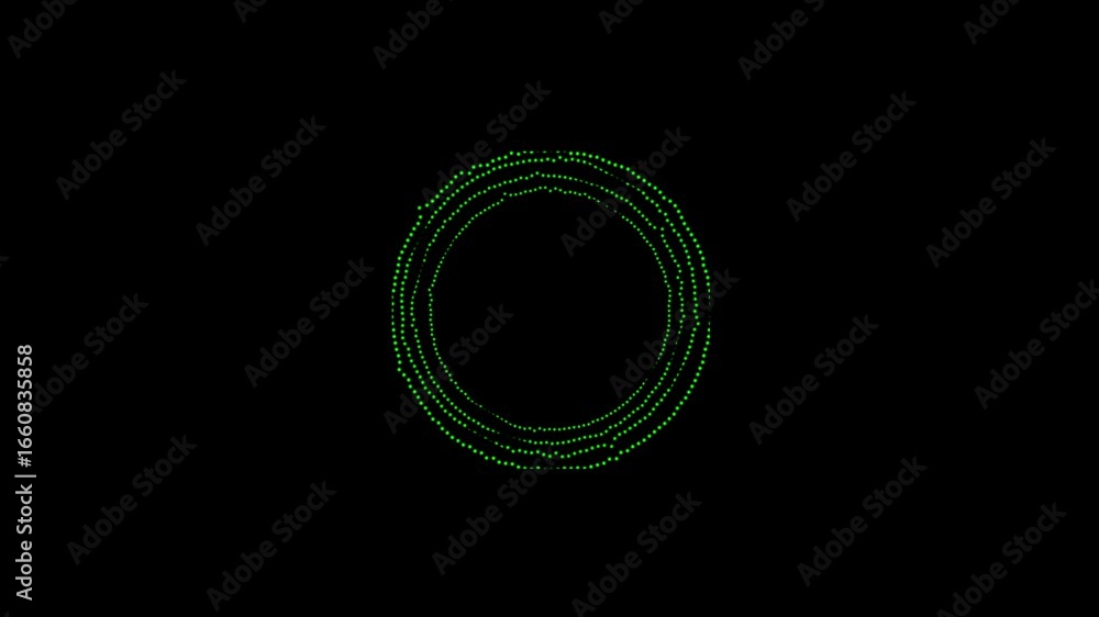 Poster abstract green circular form with pulsating lines and dots on a black background. represents audio e