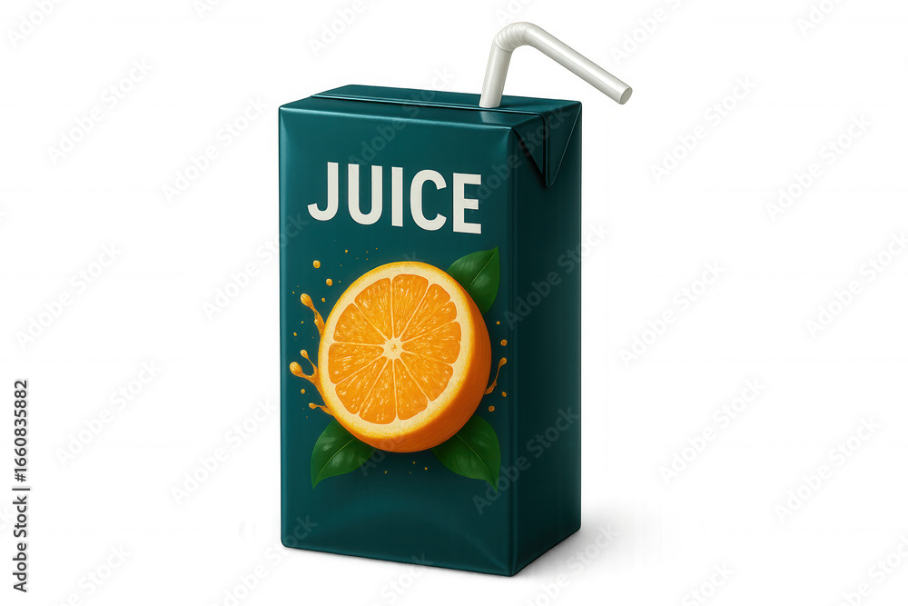 Poster Realistic 3d rendering of a juice box with a splashing orange slice and a straw, isolated on a transparent background