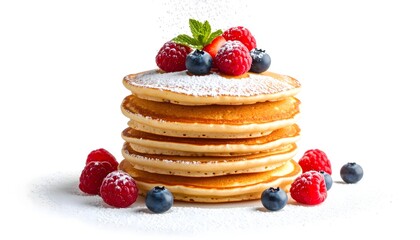 Stack of Fluffy Pancakes with Fresh Berries and Powdered Sugar on White Background