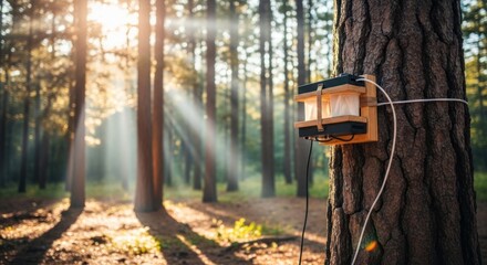 A wooden box attached to a tree trunk in a sunlit forest with visible wires and blurred background trees