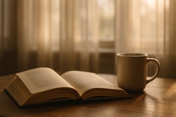 Naklejka premium Open book and a mug of coffee on a wooden table under warm light evoke a cozy atmosphere.