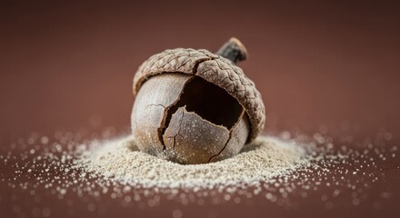A cracked acorn sits on a bed of fine sand against a plain brown background in a studio setting close up