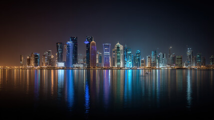 Fototapeta premium Night City View with Skyline, Sea of Light, and Symmetrical Reflections on Calm Water