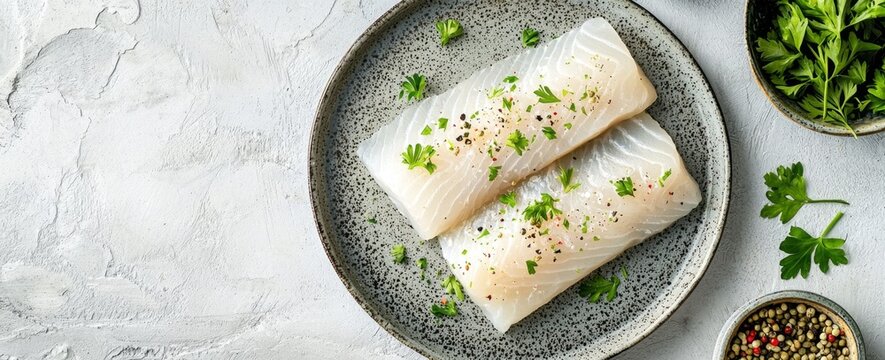 An elegant display of raw cod fish on a light-colored table.