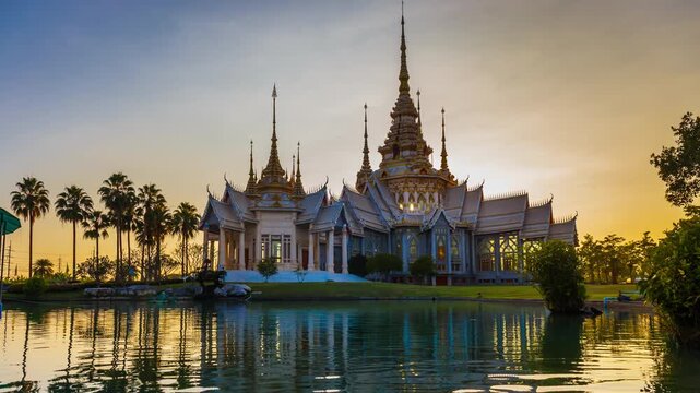 Timelapse of Wat Non Kum or Wat Luang Pho To in Sikhio District, Nakhon Ratchasima, Korat, Thailand is a symbolic place of temples in Thailand. At sunset, there is a reflection in the water.