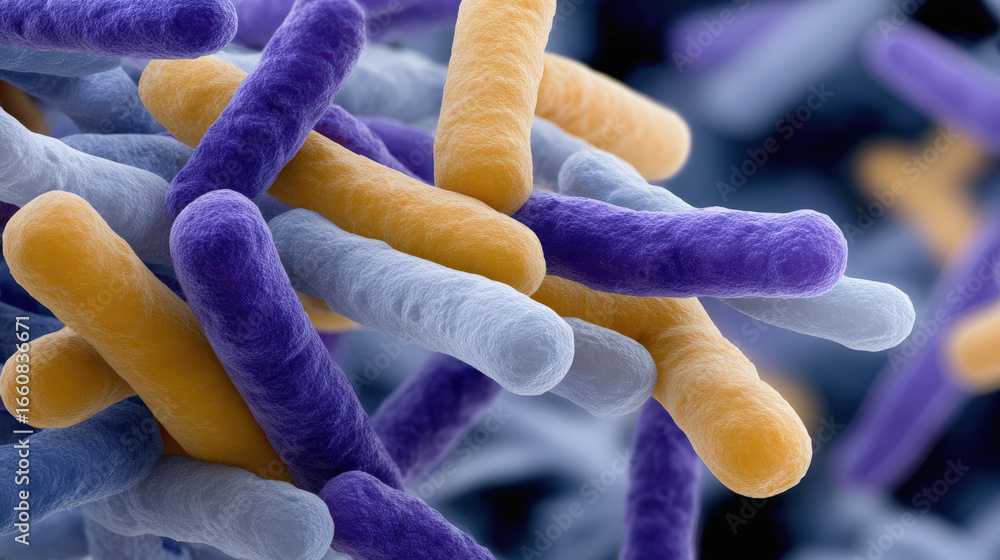 Poster colorful bacteria under microscope, showcasing diverse shapes and sizes, representing complexity of 