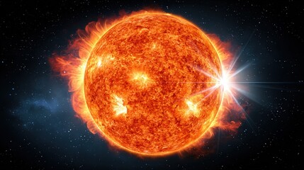 Obraz premium Close up of a bright solar eruption with fiery textures and energy waves expanding into space in realistic astrophotography.