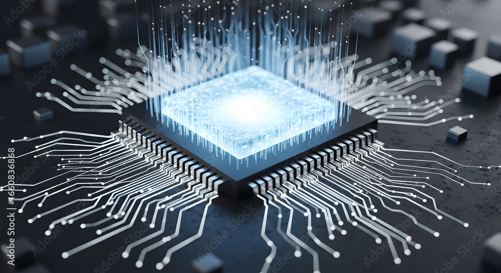 Poster sophisticated microchip reflecting digital streams, portraying the convergence of hardware and advan