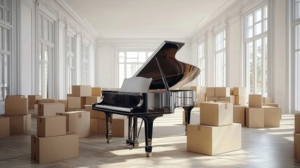 A grand piano stands out amid moving boxes in a luminous space.