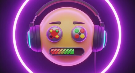 A yellow emoji with gaming controllers for eyes and a charging bar wearing headphones in neon light