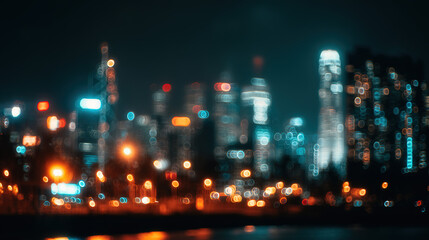 Vibrant City Night View with Neon Lights and Bokeh Effect, Conveying Bustling Dynamism