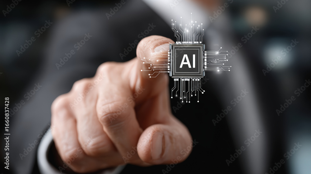 Poster innovative technology concept featuring hand pointing microchip with ai circuitry, symbolizing integ