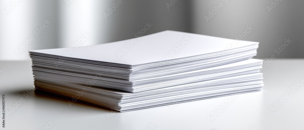 Poster A neat stack of blank white paper resting on a smooth surface, highlighting simplicity and potential for creativity.