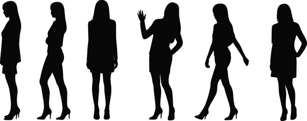 Silhouette of women in skirts and high heels, standing and walking poses, fashion, elegance, style, posture, movement, beauty, female figures