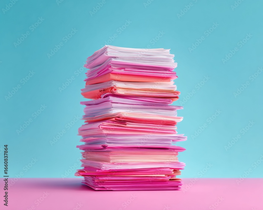 Poster high-quality modern office stack of colorful papers and documents symbolizing data overload and orga