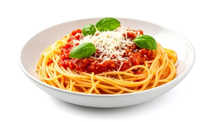 Plate of Spaghetti Pasta with Tomato Sauce and Fresh Basil Leaves on White Background