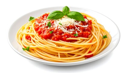 Plate of Spaghetti with Tomato Sauce and Fresh Basil on White Background