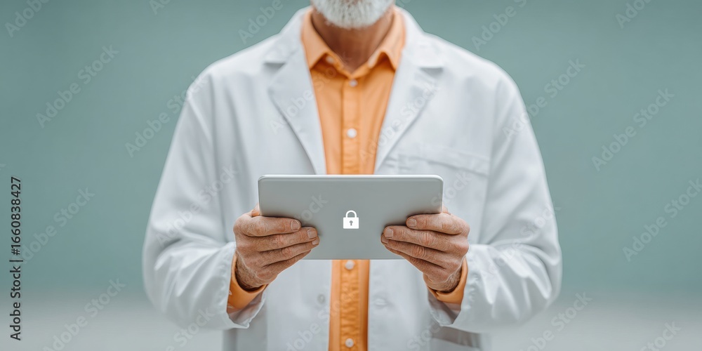 Aufkleber professional healthcare data security concept with doctor using tablet and digital lock interface in