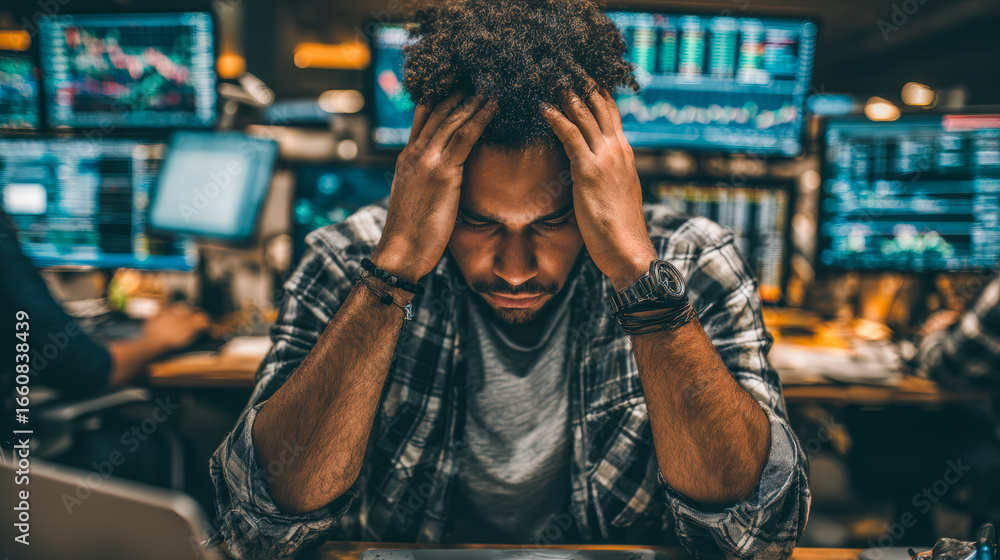 Poster stressed trader analyzing market data, surrounded by multiple screens displaying financial charts an