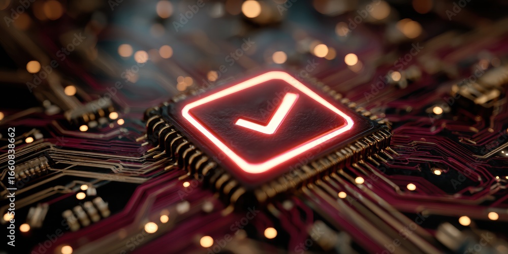 Poster modern electronic submission certification badge with glowing checkmark on circuit board for premium
