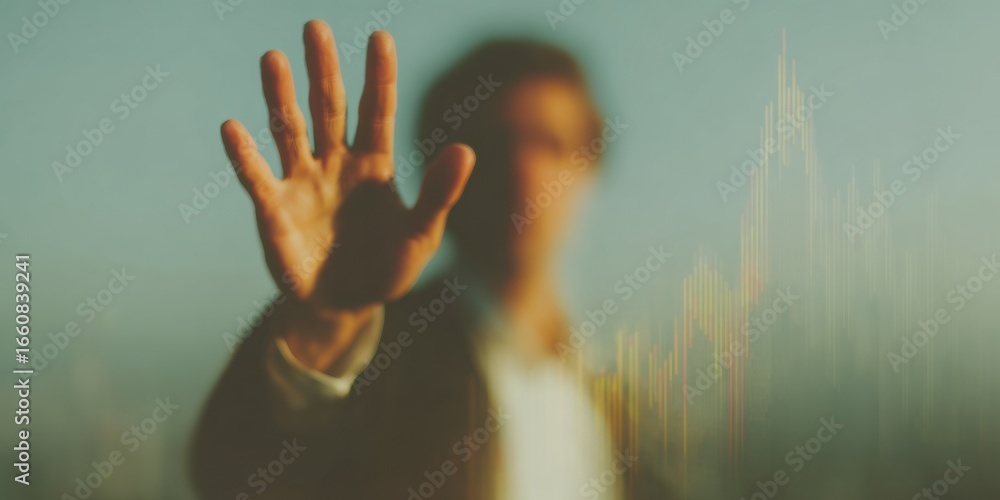 Poster professional businessman analyzing predictive data streams on transparent virtual display for modern