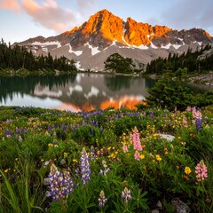 Mountain lake at dawn, wildflowers (1)