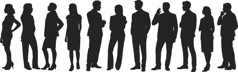 Silhouettes of people standing, group of individuals, diverse poses, human figures, teamwork concept, business team, unity, crowd, lifestyle, community