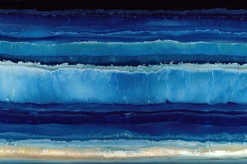 Abstract layered design of horizontal bands in shades of blue and a touch of beige, resembling ocean waves