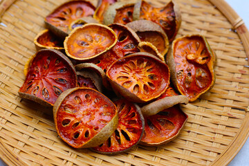 Dried bael slices used for herbal tea.