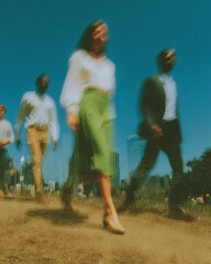 Obraz premium Modern Workforce Transformation with Digital Technology Overlay Authentic Professional Business People in Cityscape for Corporate Marketing Campaigns