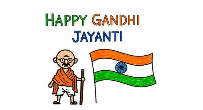 Kids Waving Indian Flag on Gandhi Jayanti Drawing
