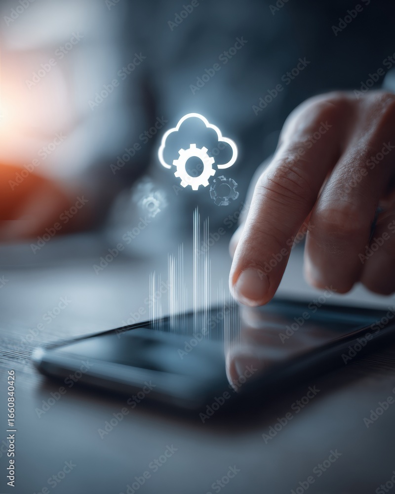 Poster professional smartphone firmware update with virtual progress bar and cloud gear icons modern tech i
