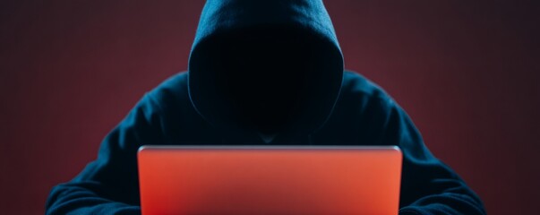 Man in hoodie using laptop, concept of internet hacking, cyber fraud. Dark web criminal for online security threat.