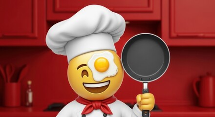 A chef emoji wearing a chef hat and holding a frying pan with an egg over one eye in a red kitchen